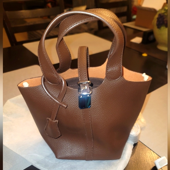 Women's Cowhide Mini Bucket Bag- Brown - Picture 1 of 4